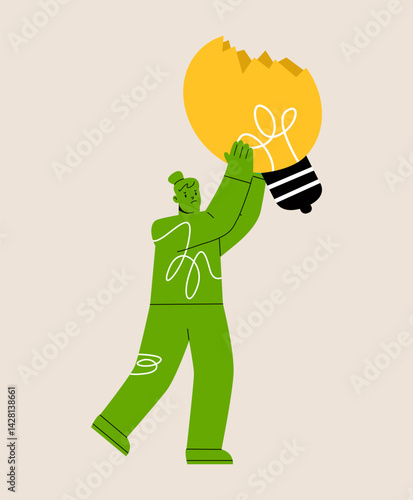 Idea finding. Woman is holding a broken light bulb. Colorful vector illustration