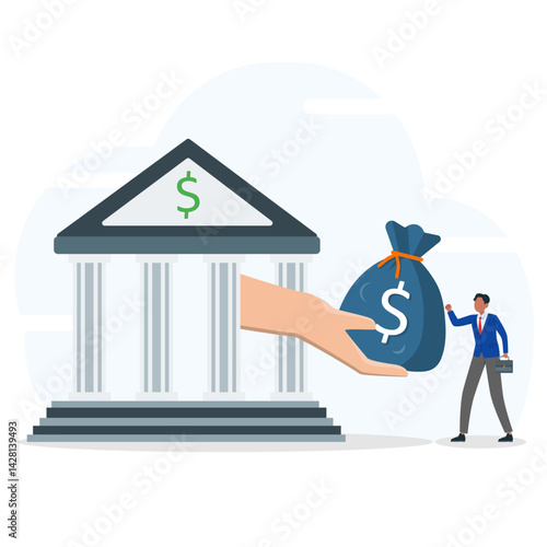 Businessman getting loan of money from bank concept. Personal loan or entrepreneur and small business lending, debt or bank approval allowance. 