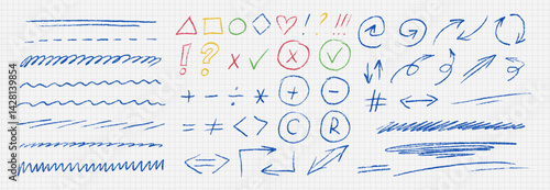 Color brush strokes set. Careless or casual writing with ink pen or crayon. Wavy lines, symbols, cross, checkmark, question mark, basic geometric figures. Calligraphy smears. Vector illustrations
