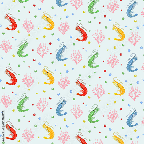 Pattern of multi-colored shrimps.Multicolored shrimps and corals on a blue background with bubbles in a vector seamless pattern.