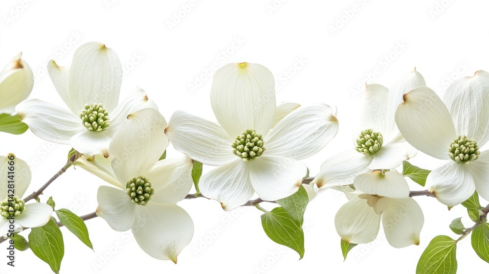 Obraz premium White dogwood blossoms with green foliage against a pristine white background. --