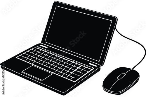 Black and white vector graphic of a laptop computer with mouse