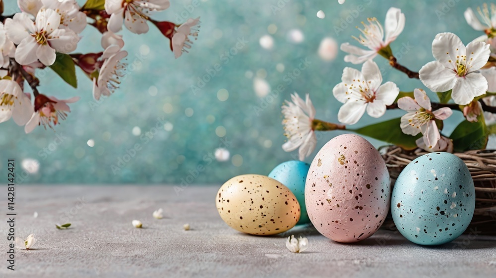 Obraz premium Serene Easter background featuring speckled pastel eggs, white cherry blossoms, textured surface. ample space for adding custom text, logos, design elements, ideal for personalized Easter designs.