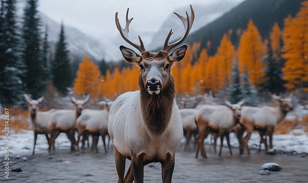 Obraz premium Elk Herd Crossing Stream with Autumn Trees and Snowy Mountains
