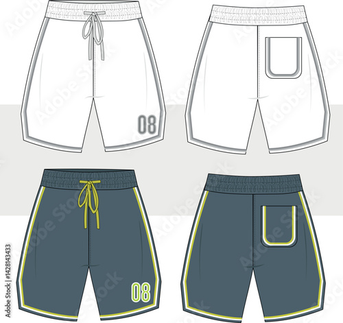 Basketball active wear short for men and boys. Print detail shorts. Fashion flat sketch technical drawing  illustration, vector. Front and back view, cad, mockup.