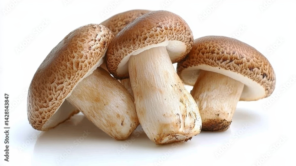 Closeup of four fresh oyster mushrooms, isolated on a white background with reflective surface. Closeup of four fresh oyster mushrooms, isolated on a white background with reflective surface.
