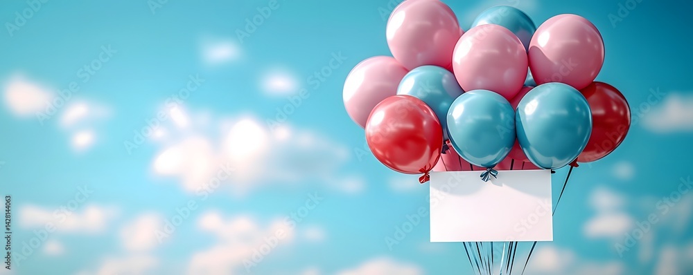 Blank white gift card tied to colorful patriotic balloons in the sky