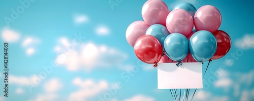 Blank white gift card tied to colorful patriotic balloons in the sky