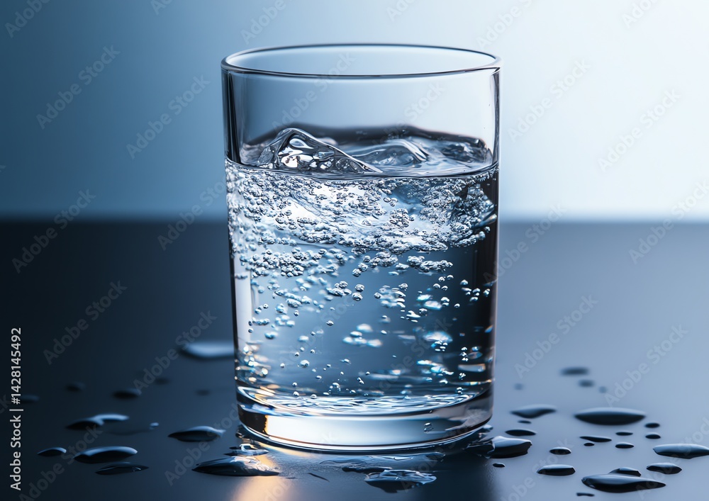 Sparkling Water in a Glass, Bubbles Rising, Refreshing Drink, Cool Blue Tones, Clean and Pure Sparkling Water in a Glass, Bubbles Rising, Refreshing Drink, Cool Blue Tones, Clean and Pure