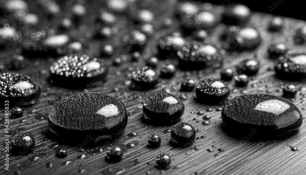 Water Droplets Beading on a Textured Black Surface, Showcasing the Hydrophobic Effect Water Droplets Beading on a Textured Black Surface, Showcasing the Hydrophobic Effect
