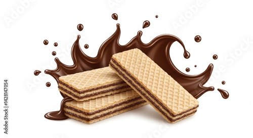 crispy wafer with chocolate Splash, with Clipping path 3d illustration.