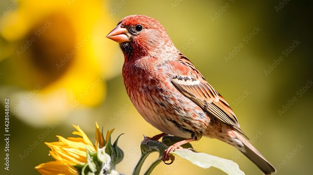 A finch feeding on a sunflower in a summer garden A finch feeding on a sunflower in a summer garden