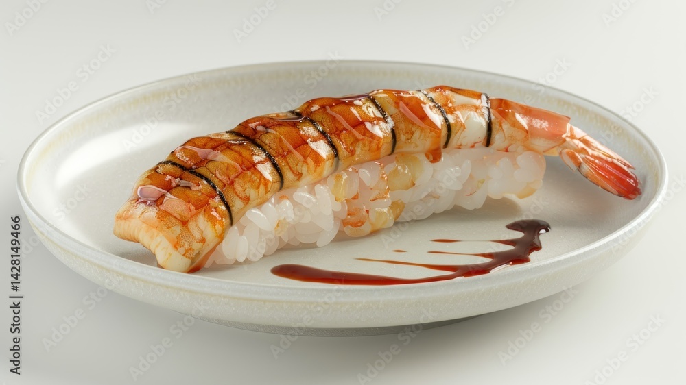 A single shrimp sushi roll beautifully presented on a plate. A single shrimp sushi roll beautifully presented on a plate.