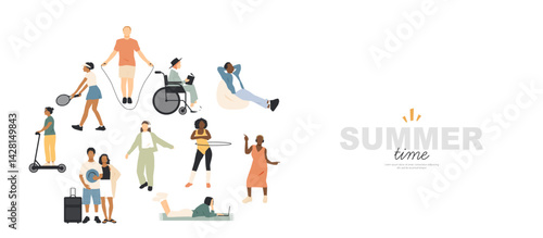 Summer time banner. Different people are engaged in various types of leisure and relaxation. 