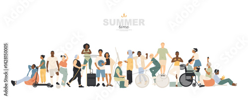Summer time banner. Different people are engaged in various types of leisure and relaxation. 