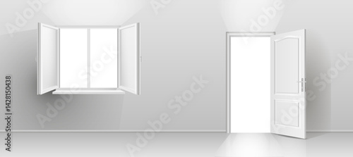 White plastic window frame and entrance door on a neutral background. Realistic open window with slopes and window sill, office. Template layout for interior design. Vector illustration
