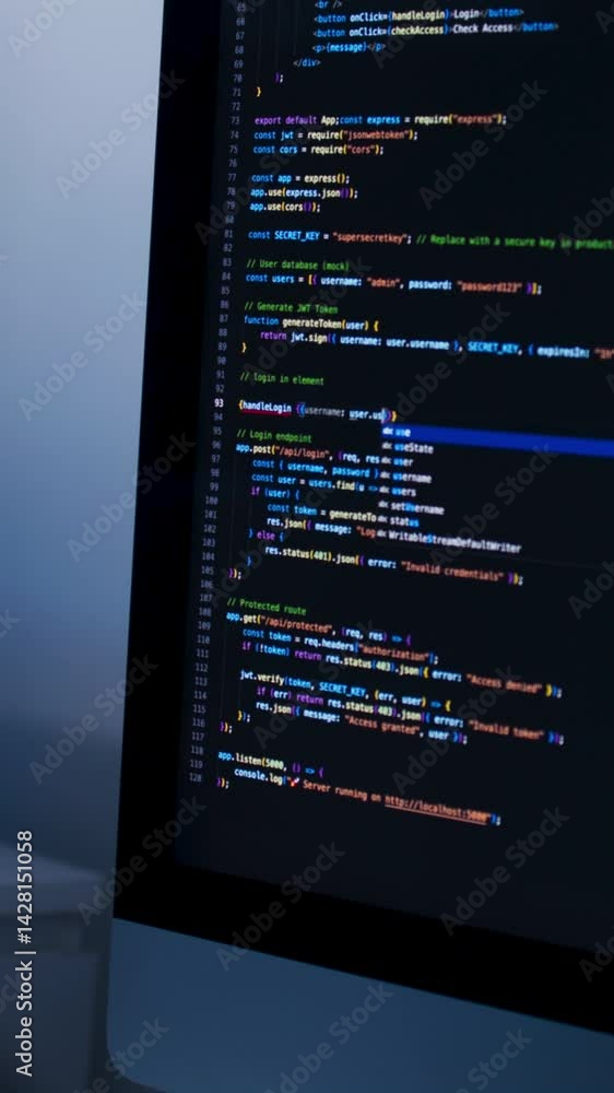 Close up of Computer Monitor Showing line of code with female Software Developer Writing code program. Professional female programmer typing on computer for software, Website, SaaS development project Close up of Computer Monitor Showing line of code with female Software Developer Writing code program. Professional female programmer typing on computer for software, Website, SaaS development project