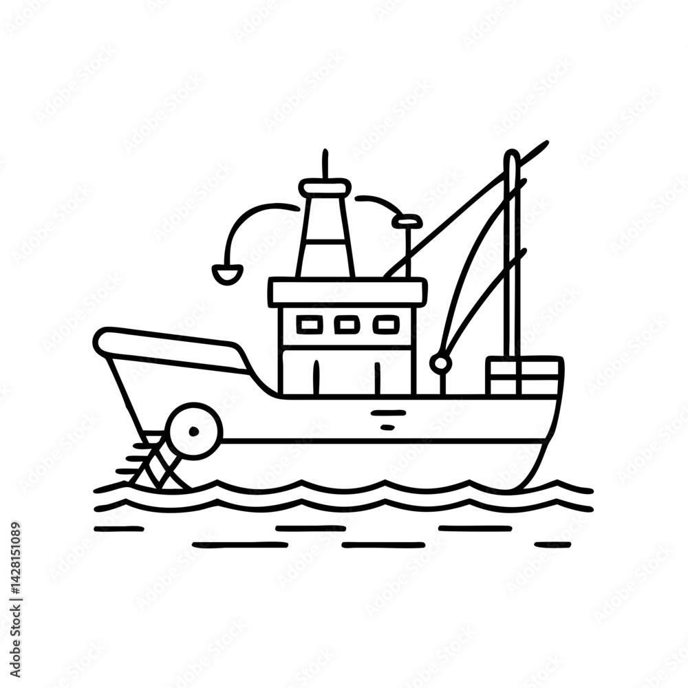Naklejka premium fishing boat icon, fishing boat line art - simple line art of fishing boat, perfect for fishing boat logos and icons