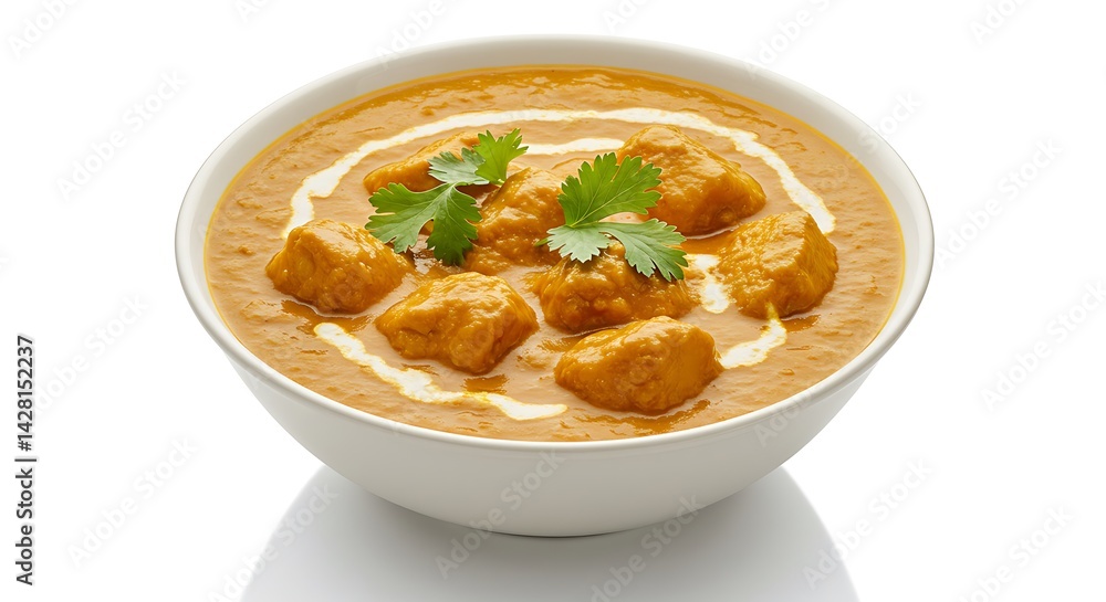 A steaming bowl of butter chicken garnished with cilantro indian traditional food A steaming bowl of butter chicken garnished with cilantro indian traditional food