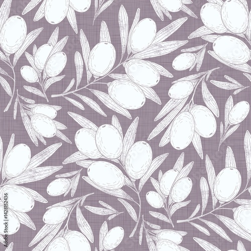 Berry Branch Repeat seamless pattern, delicate seamless pattern featuring white outline drawings of berries and leaves on a textured olive green background