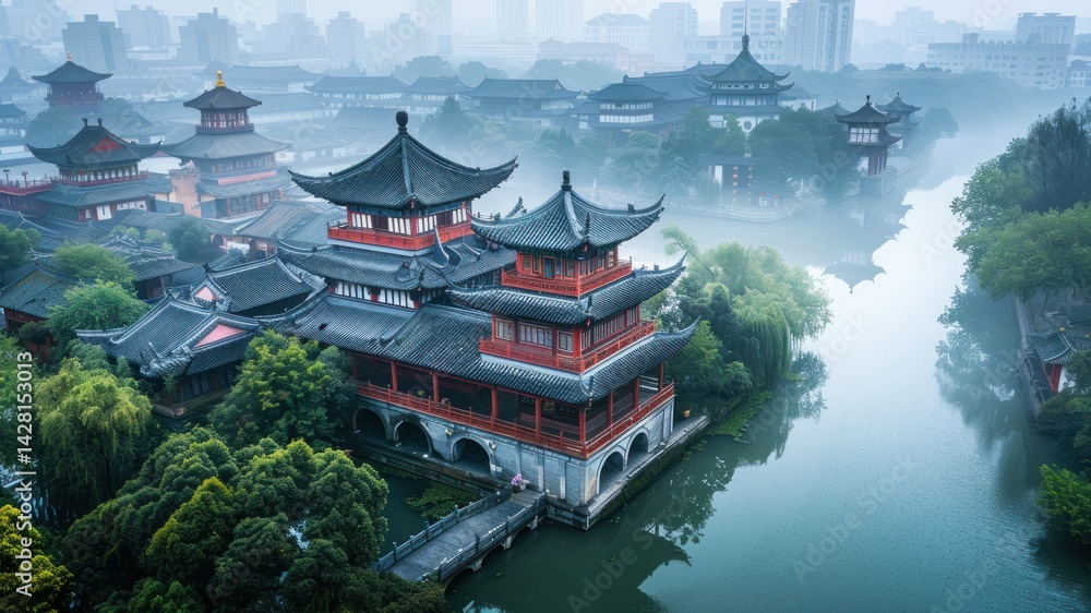 Obraz premium A serene traditional Chinese landscape with fog and water.