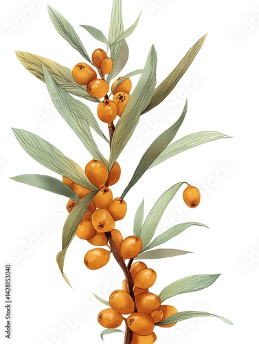Vibrant Sea Buckthorn Branch with Ripe, Orange Berries and Delicate, Green Leaves against a Pure White Background