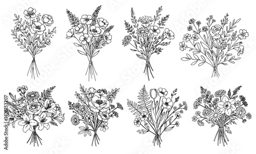 様々な草花の花束の白黒の線画ベクターイラスト/シンプルでおしゃれな手書きのラインアート/ 記念日のギフト