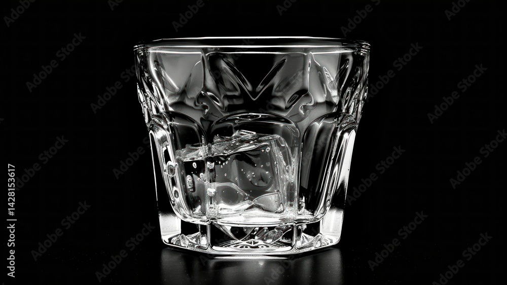 A glass with ice cubes against a black background. A glass with ice cubes against a black background.