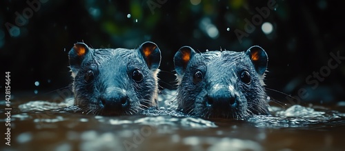 Two Cute Bush Hyraxes Swimming in Water Looking at the Camera
