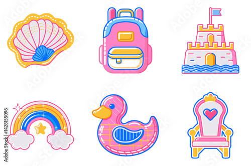 Flat Icon Set with Seashell, Backpack, Sandcastle, Rainbow, Duck Float, and Throne Chair – Colorful Clipart for Beach Themes and Kids’ Decor