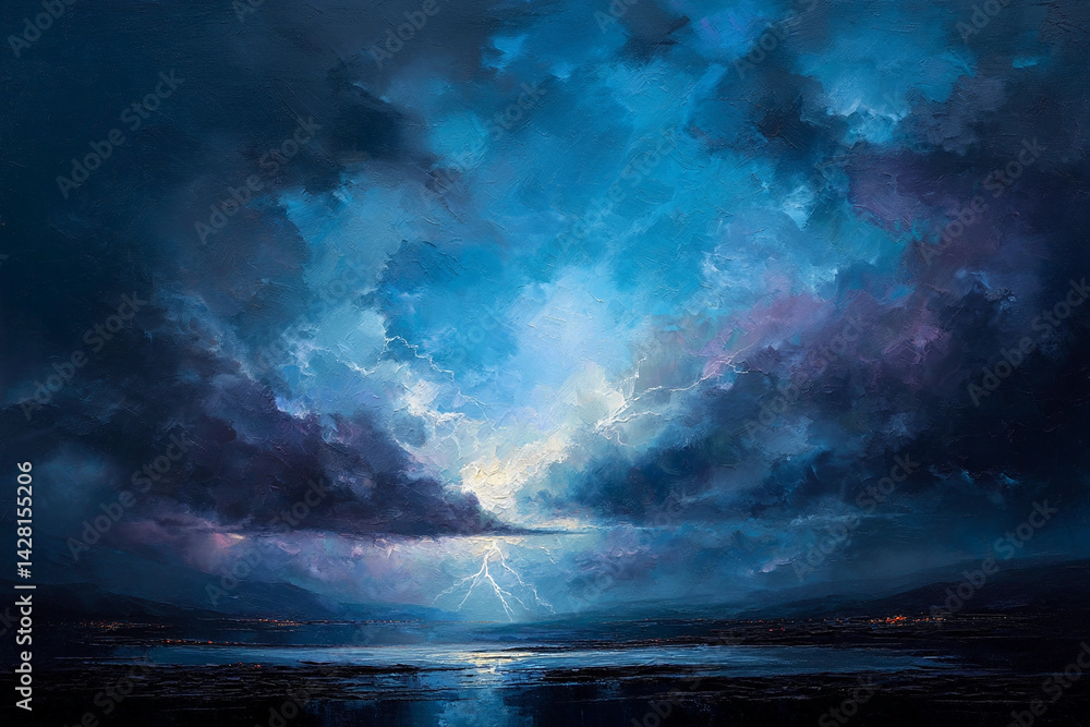 Obraz premium Thunderstorm Sky – Dark Night with Lightning Strikes