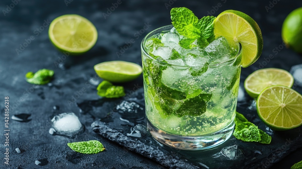 Refreshing mojito with mint leaves and lime slices on a black surface with ice cubes Refreshing mojito with mint leaves and lime slices on a black surface with ice cubes