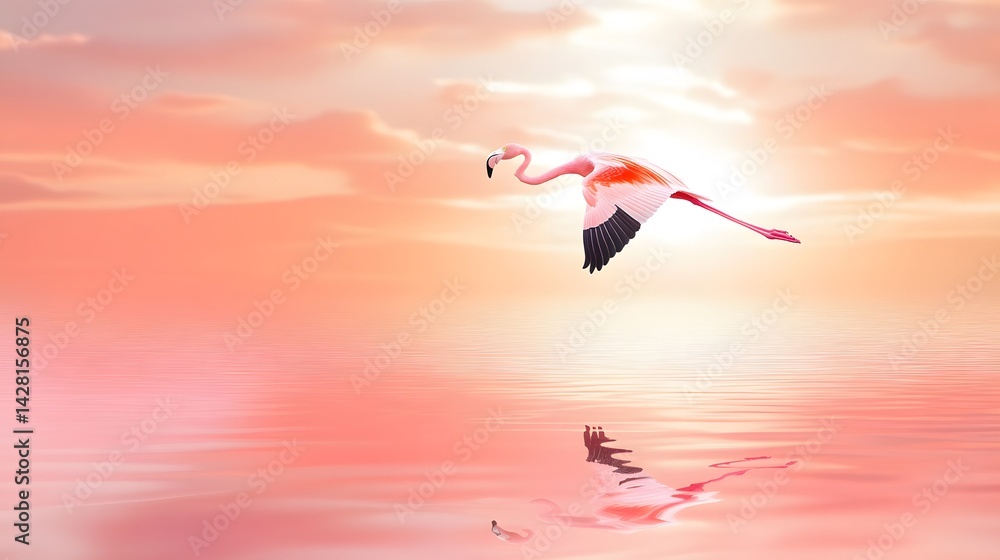 A flamingo flying over a pink salt lake A flamingo flying over a pink salt lake