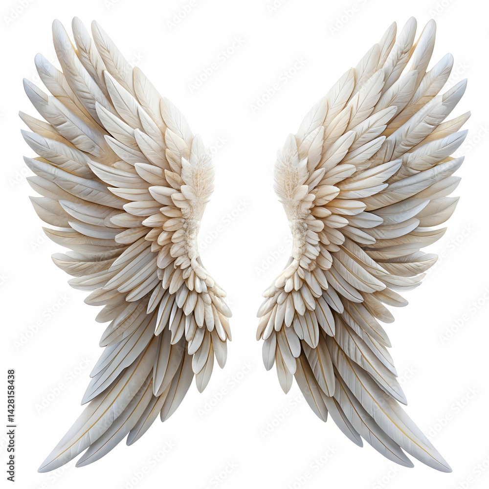 Fototapeta premium Elegant Angel Wing Isolated on White Background, Featuring Soft Feathers,