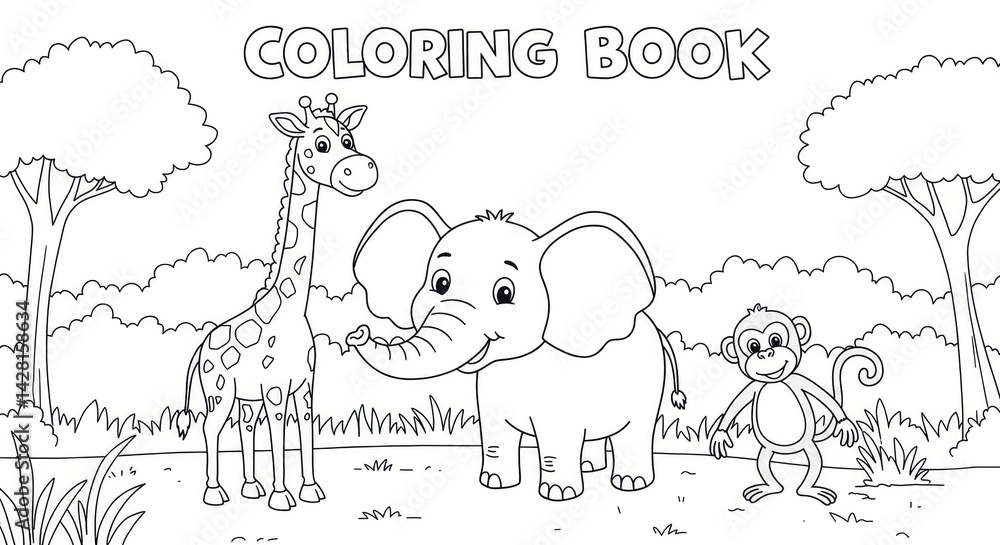 Fototapeta premium Playful savanna friends: coloring book page with giraffe, elephant, and monkey