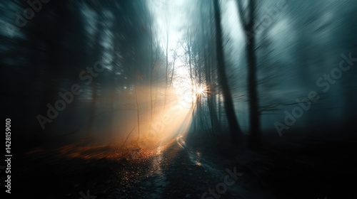 Mysterious forest path illuminated by sunrise.