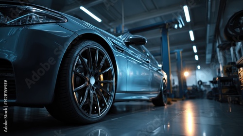 Sleek, modern vehicle in a professional auto repair shop.