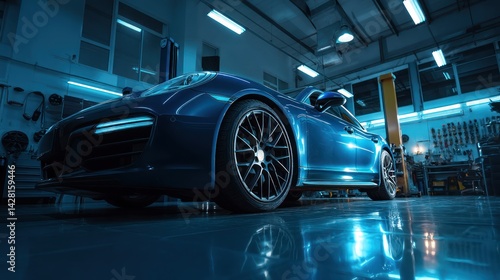Sleek blue sports car in a modern auto repair garage.
