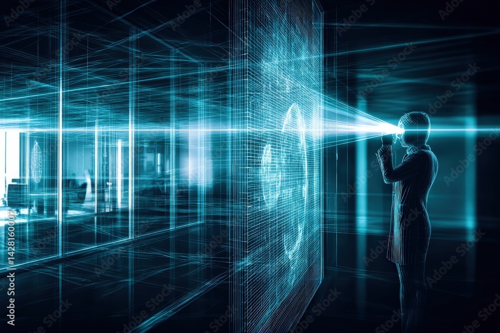 Woman Scanning Digital Image in Modern Glass Office with Light Beam Woman Scanning Digital Image in Modern Glass Office with Light Beam