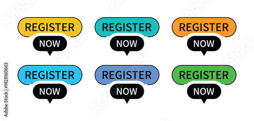 Colorful Register Now Callout Button Icons – Modern Clickable Labels for Webinar Signups, Online Courses, Event RSVP, App Interface, and Digital Registration UI Design