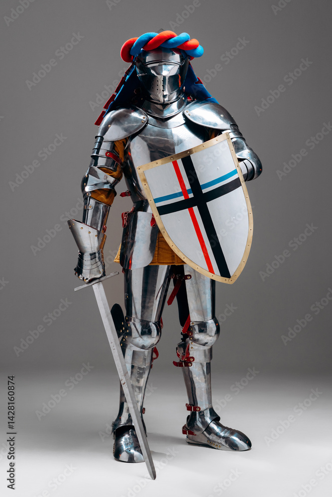 Fototapeta premium Medieval Knight in Full Armor With Shield and Sword Displaying Strength..