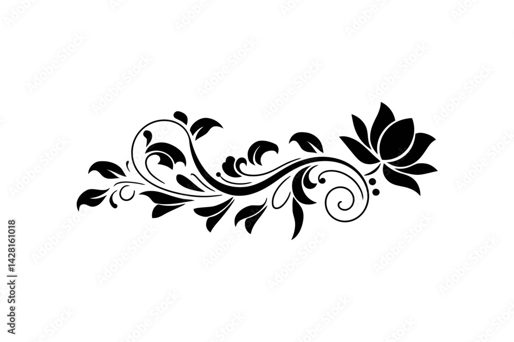 A floral design features swirling vines and leaves, with a prominent lotus-like flower on one end. A floral design features swirling vines and leaves, with a prominent lotus-like flower on one end.