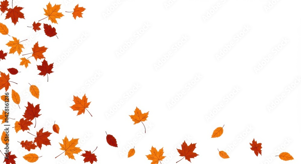 Autumn leaves of various colors scattered on a white background creating a natural frame effect Autumn leaves of various colors scattered on a white background creating a natural frame effect