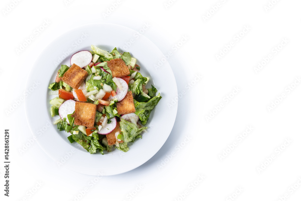 Fattoush salad, Traditional Lebanese Salad isolated on white background. Top view. Copy space Fattoush salad, Traditional Lebanese Salad isolated on white background. Top view. Copy space
