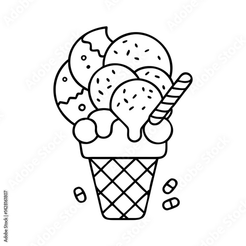 ice cream with candy toppings icon, ice cream with candy toppings line art - simple line art of ice cream with candy toppings, perfect for ice cream with candy toppings logos and icons