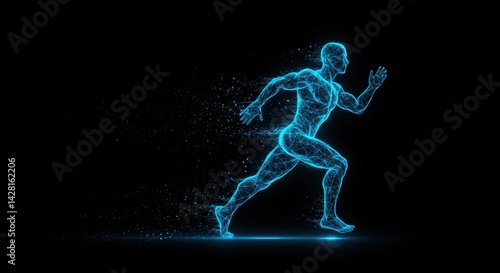 Abstract Running Man, Energetic Athlete in Motion: Digital Fitness, Glowing Blue Human Figure