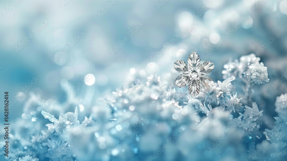 A close-up of a delicate snowflake on frosty blue terrain. A close-up of a delicate snowflake on frosty blue terrain.