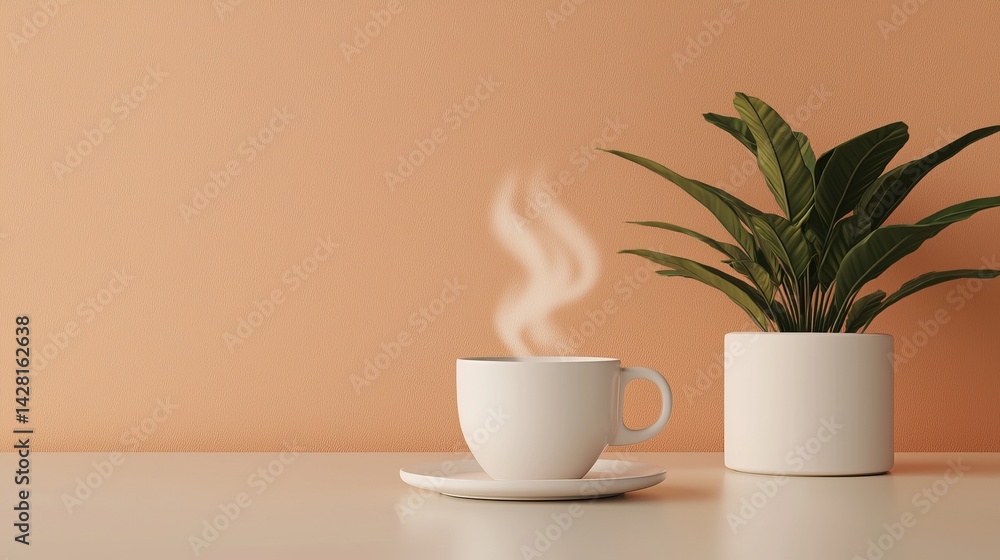 A steaming cup of coffee next to a potted plant on a table. A steaming cup of coffee next to a potted plant on a table.
