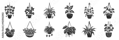 Hanging Houseplants Silhouette Set. Indoor Plant Decor And Greenery Design Elements Isolated Vector Illustration Collection