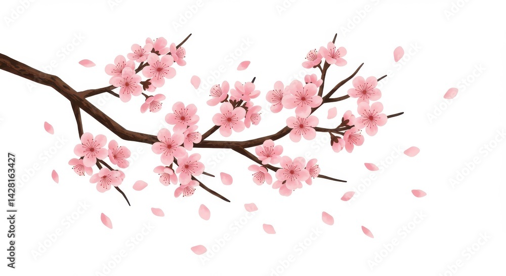 Branch of cherry blossoms in full bloom with petals falling on a white isolated background image art Branch of cherry blossoms in full bloom with petals falling on a white isolated background image art